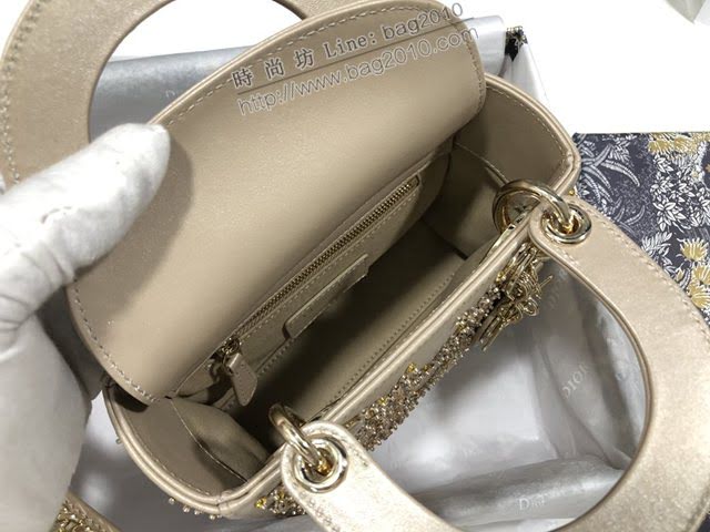 Dior女包 迪奧Lady Dior三格刺繡金色珠子燙鑽戴妃包 Dior手提肩背斜挎包  dfk1849